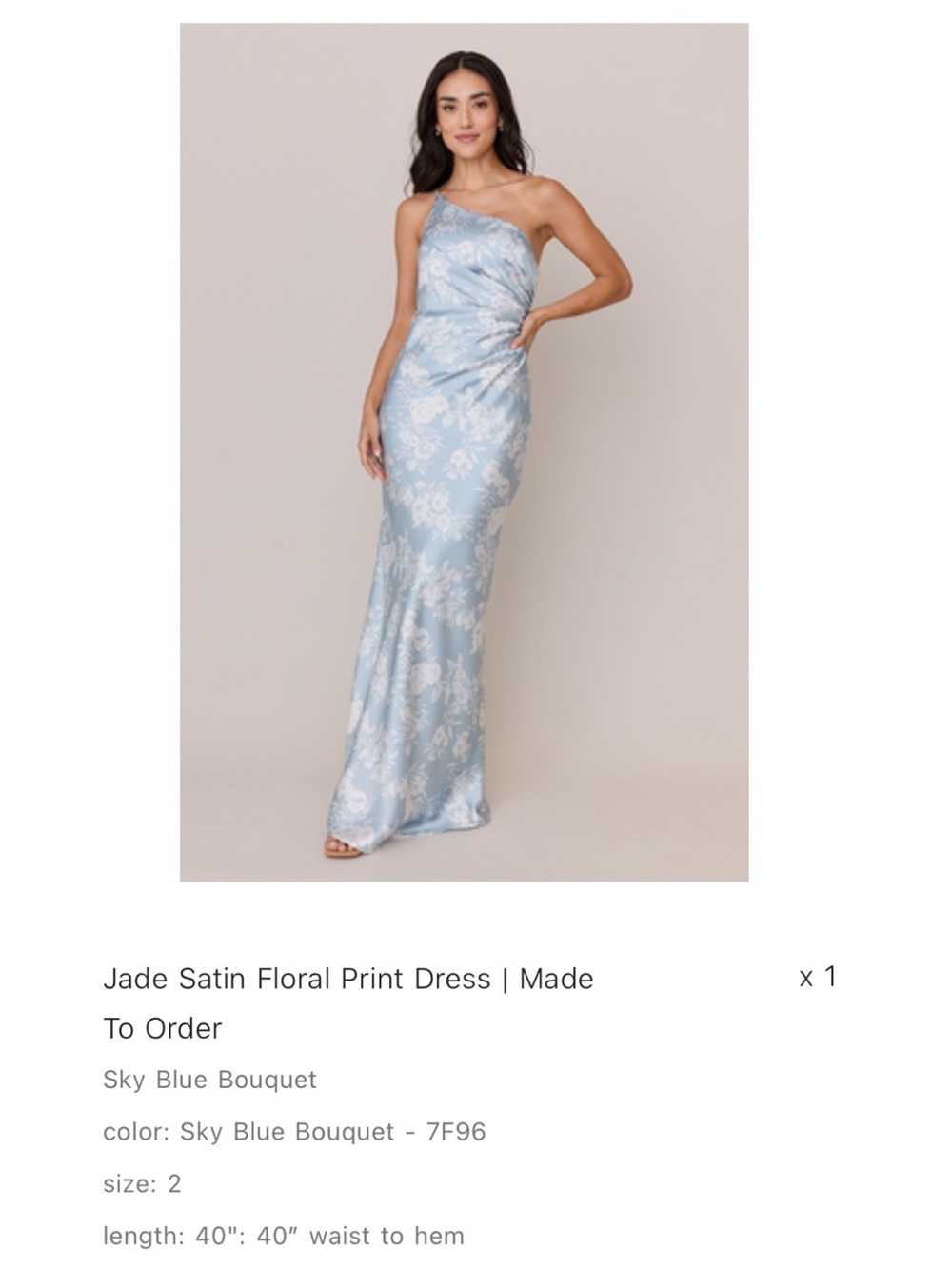 Jade Satin Floral Print One-Shoulder Dress in Sky Blue